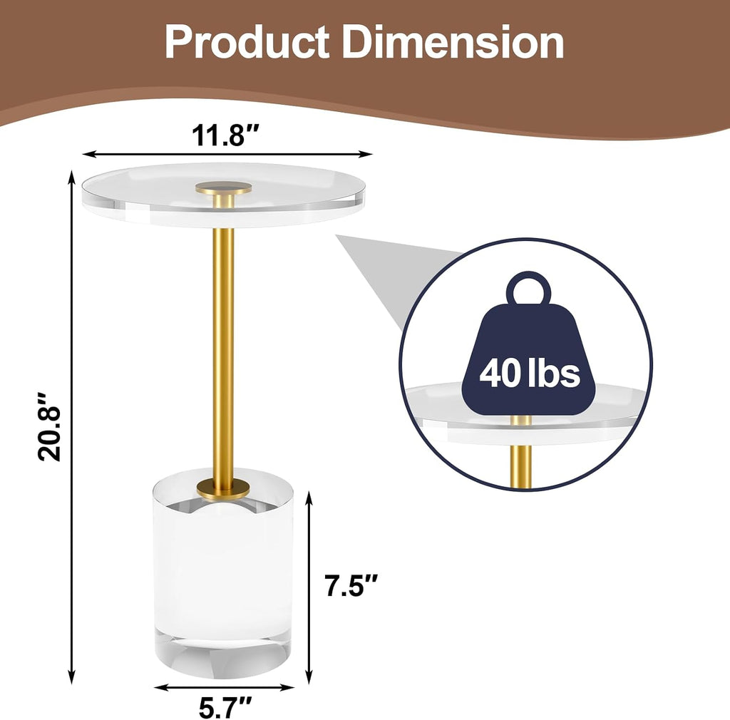 Acrylic End Table, Modern Minimalist Acrylic Side Tables, Clear Side Table for Living Room, Bedroom, Office, Drink Table (12' D x 12' W x 21' H, Gold)