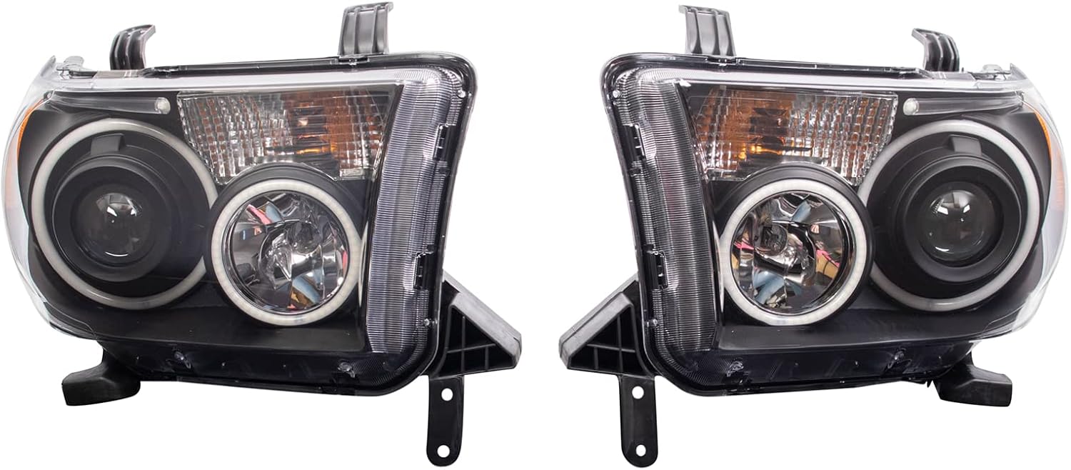 TRQ 2 Piece Headlight Assembly Set Performance Halogen LED Halo Rings Black Bezel Driver & Passenger Side Compatible with Toyota Sequoia 2008-2017 Tundra 2007-2013 TO2502171 TO2503171