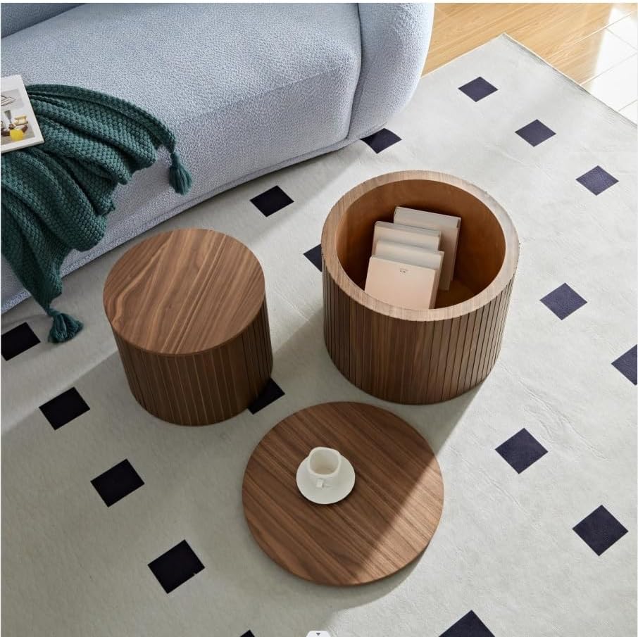 Nesting Coffee Table Set of 2,Modern Round Wooden Coffee Tables with Storage,Luxury Side Table Accent End Table for Small Space Living Room Apartment (19.17')