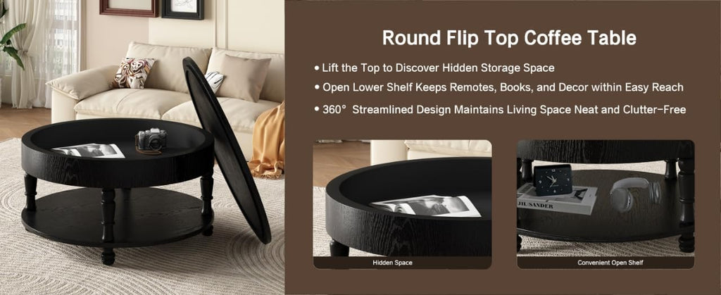 Hayzz Round Coffee Table with Storage 31.5 Inch, Modern Lift Top Accent Coffee Table with Hidden Compartment & Lower Shelf, Adjustable Leveling Feet, Easy Assembly for Living Room, Black