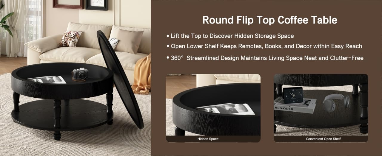 Hayzz Round Coffee Table with Storage 31.5 Inch, Modern Lift Top Accent Coffee Table with Hidden Compartment & Lower Shelf, Adjustable Leveling Feet, Easy Assembly for Living Room, Black
