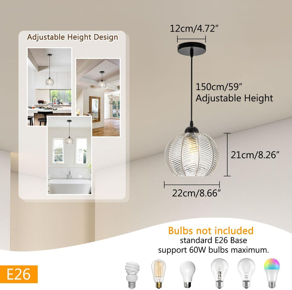 Mid Century Pendant Light Black Glass Pendant Lighting Kitchen Island 3 Light with Clear Ribbed Glass Shade Modern Chandelier Globe Hanging Light for Dining Room Sink Farmhouse
