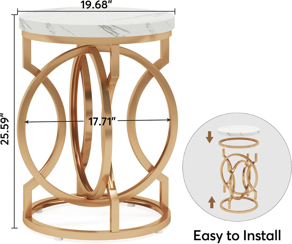 Tribesigns Modern Round End Table Set of 2, Multifunctional Accent Table Small Side Table for Living Room, White Gold with Faux Marble Top, 19.7'W x 19.7'D x 25.6'H