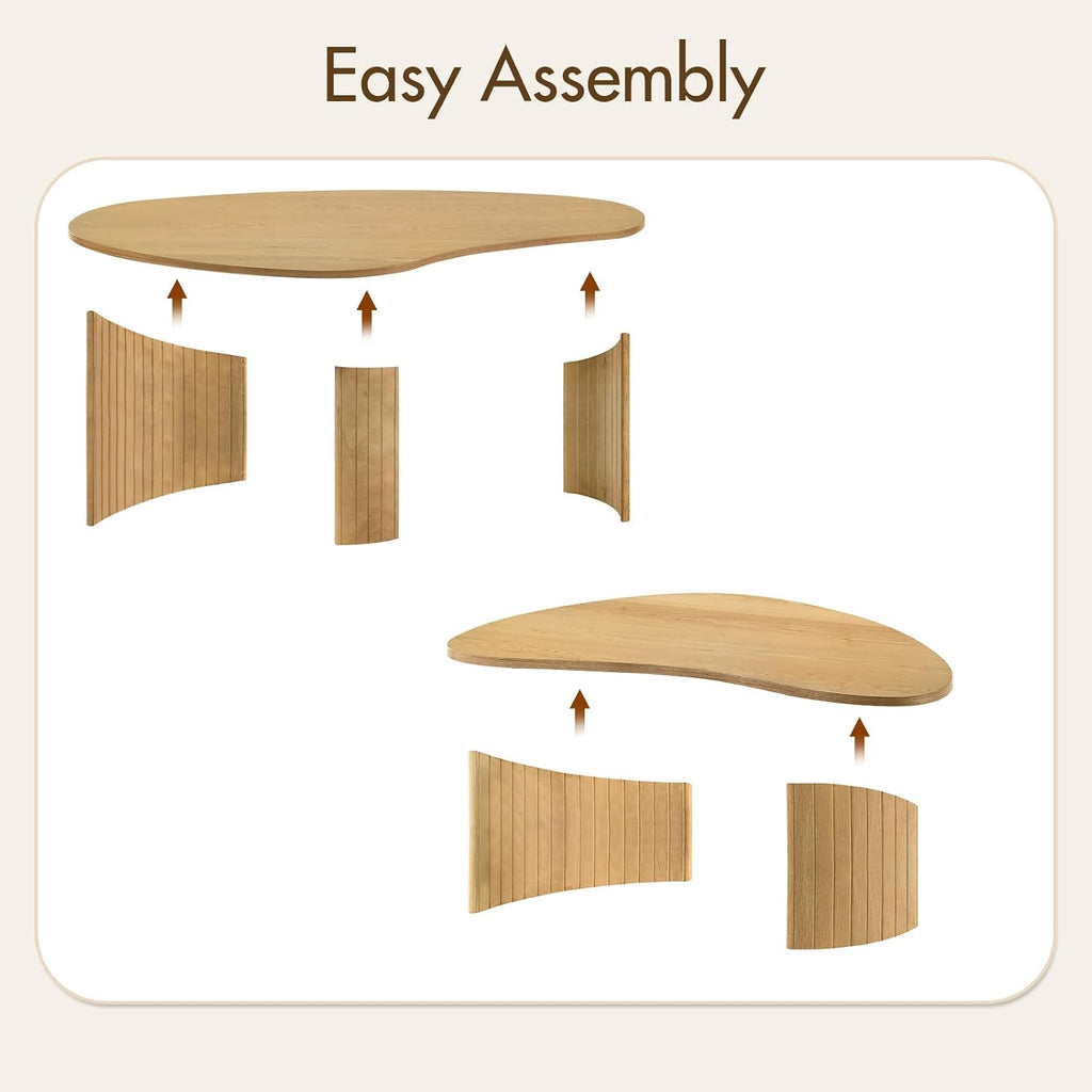 Hyfirm Modern Boho Nesting Coffee Tables, Set of 2 with Solid Wood Fluted Legs, Oval Irregular Mango Shape Modular Center Table for Living Room, Small Apartment