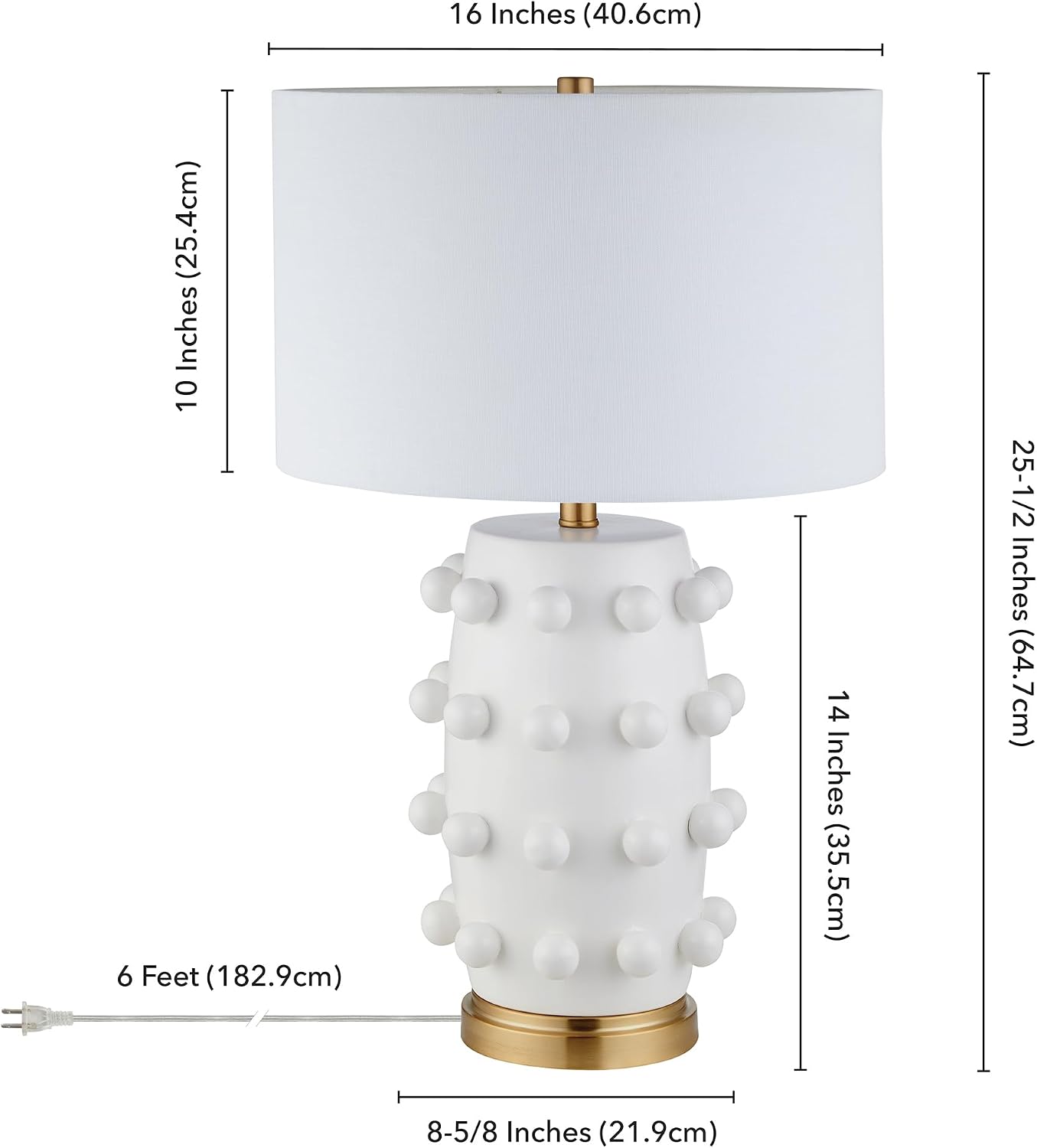Henn&Hart 25.5'' Modern 1-Light Ceramic Table Lamp with Spherical Orbs on Lamp Body with White Fabric Drum Shade for Living Room, Bedroom, or Office, Matte White