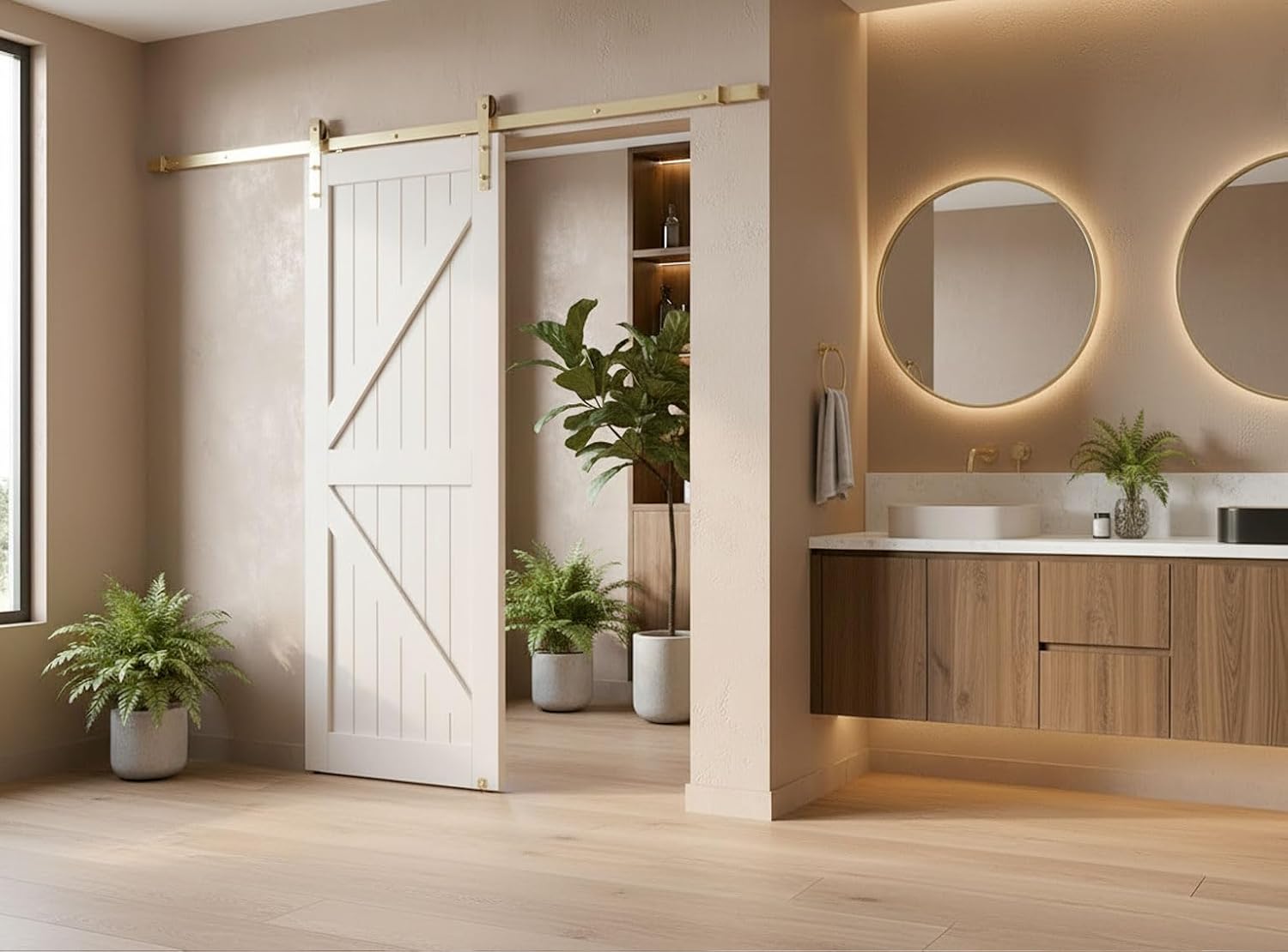 Rio Salto Gold Barn Door Hardware Kit Sliding Door Hardware Modern Barn Interior Closet Pantry Brushed Brass Panel Hardware with Handle Bar and Floor Guide (Hardware Kit Plus, 4ft 11in - NO Door)