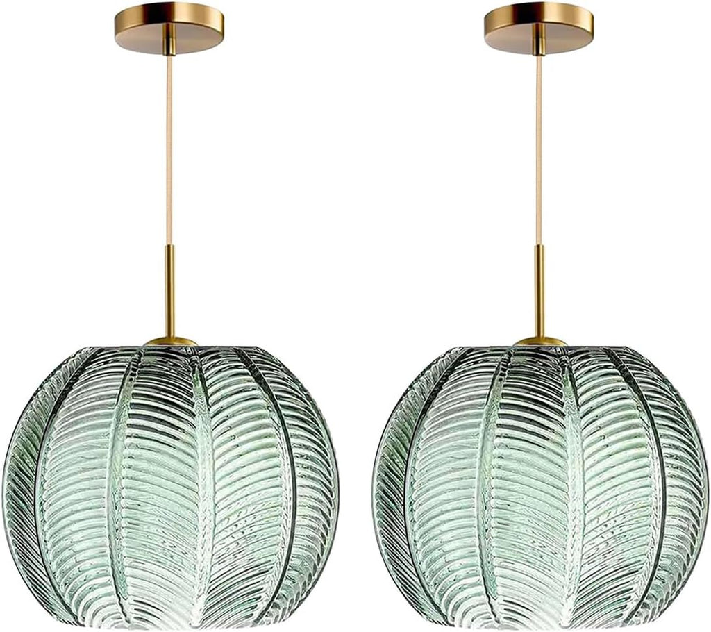 2-Pack Green Ceiling Pendant Light Fixtures for Dining Room Large Gold Globe Kitchen Island Pendant Light Hand-Blown Glass Shade Adjustable Hanging Lights Bedroom Pendant Lights