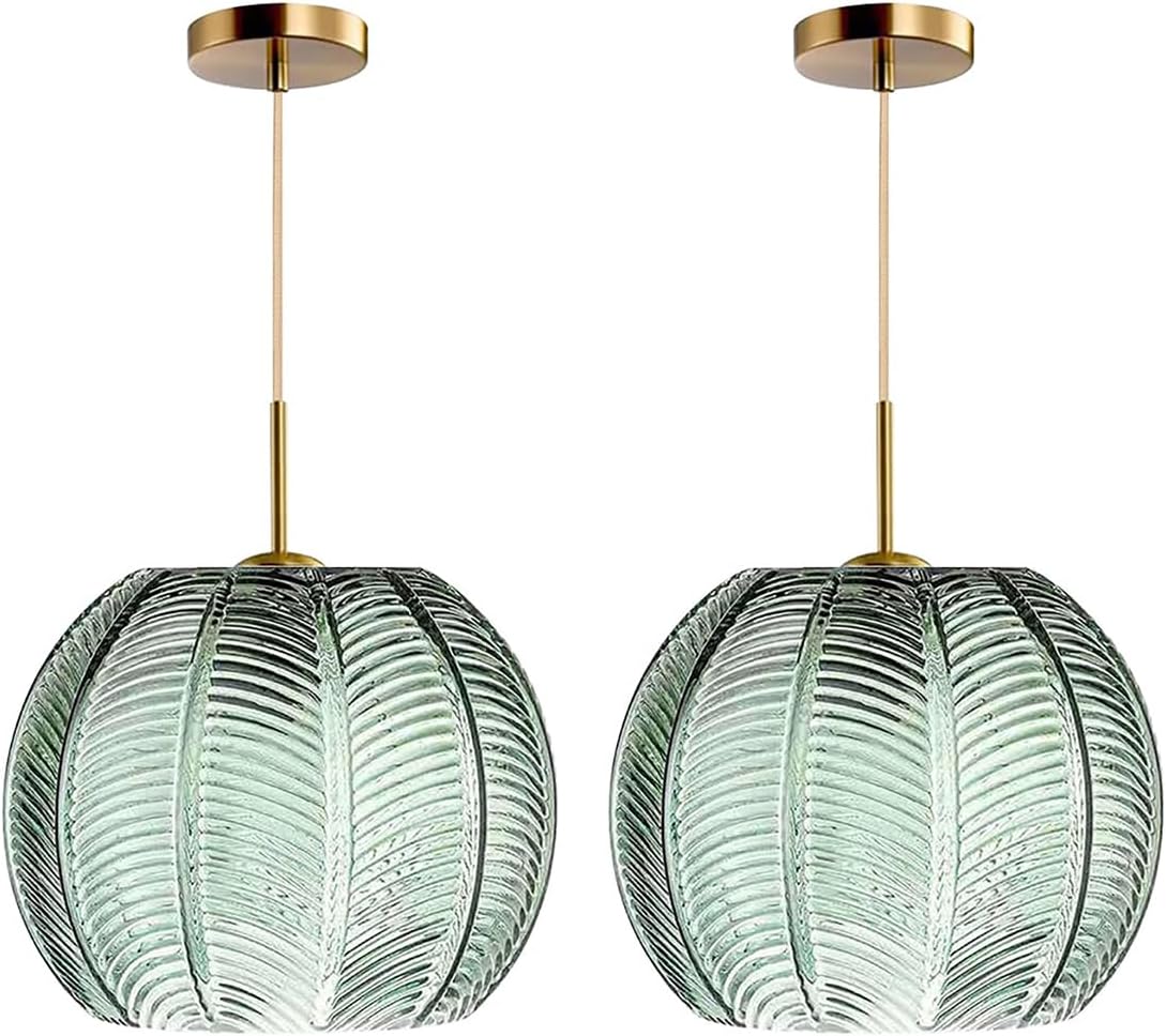 2-Pack Green Ceiling Pendant Light Fixtures for Dining Room Large Gold Globe Kitchen Island Pendant Light Hand-Blown Glass Shade Adjustable Hanging Lights Bedroom Pendant Lights