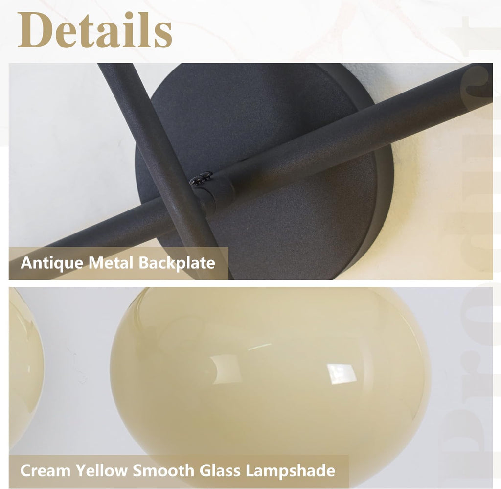 BOKT Black Bathroom Vanity Light Bathroom Wall Lights Over Mirror Farmhouse Globe Wall Sconce Lighting Vintage Cream Yellow Glass Shade Vanity Light E26 Base Restroom Lighting Fixtures