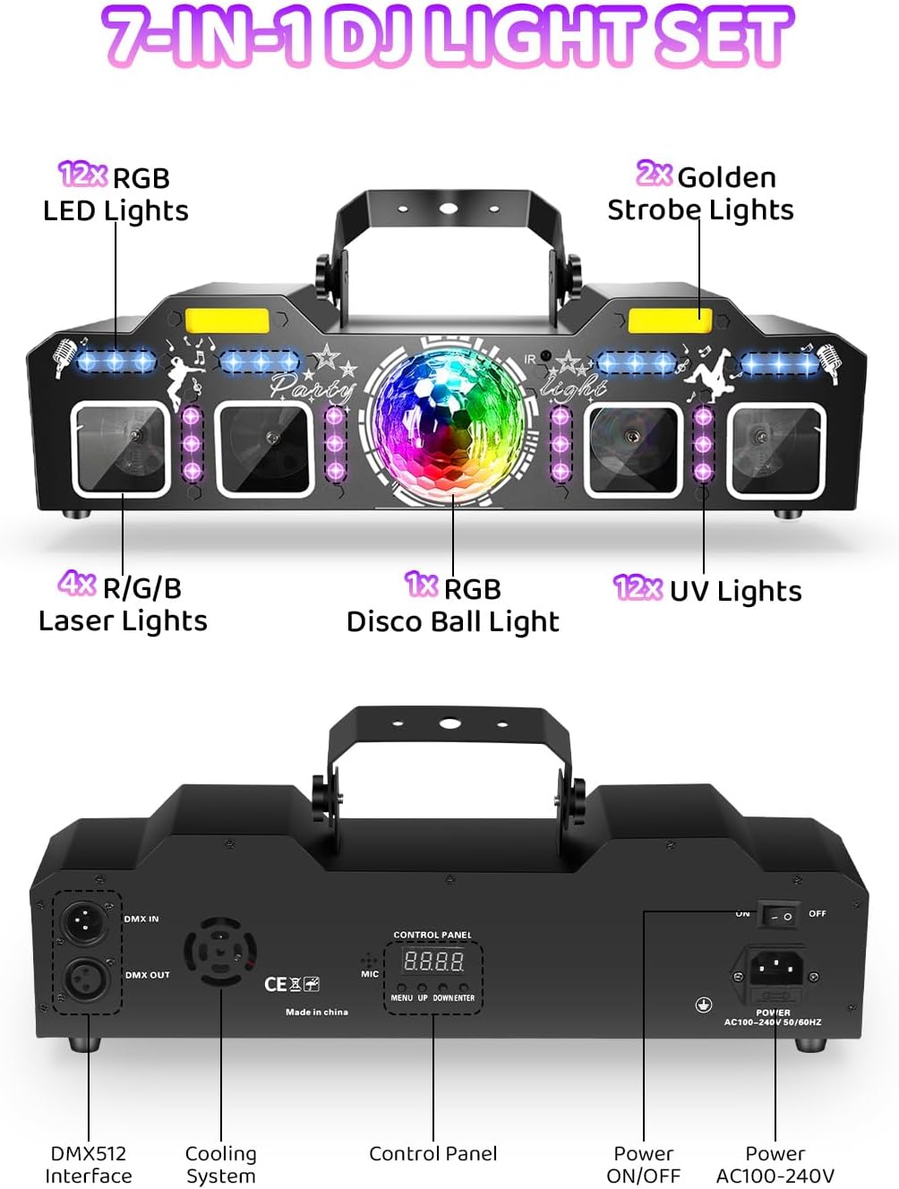 Telbum DJ Lights with Stand, 7 in 1 DJ Light for Party, DMX & Sound Activated Laser Light Show, Disco Ball & UV Strobe Effect Stage Lights Package for Gig Bar Band Events Wedding Christmas