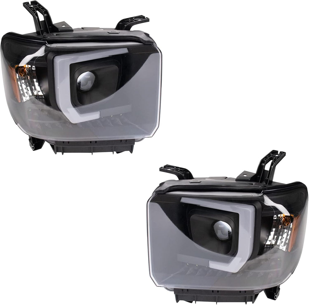 TRQ Performance Driver and Passenger Side Headlight Assembly Set Black Housing Compatible with 14-18 GMC Sierra 1500 15-19 GMC Sierra 2500 HD 15-19 GMC Sierra 3500 HD