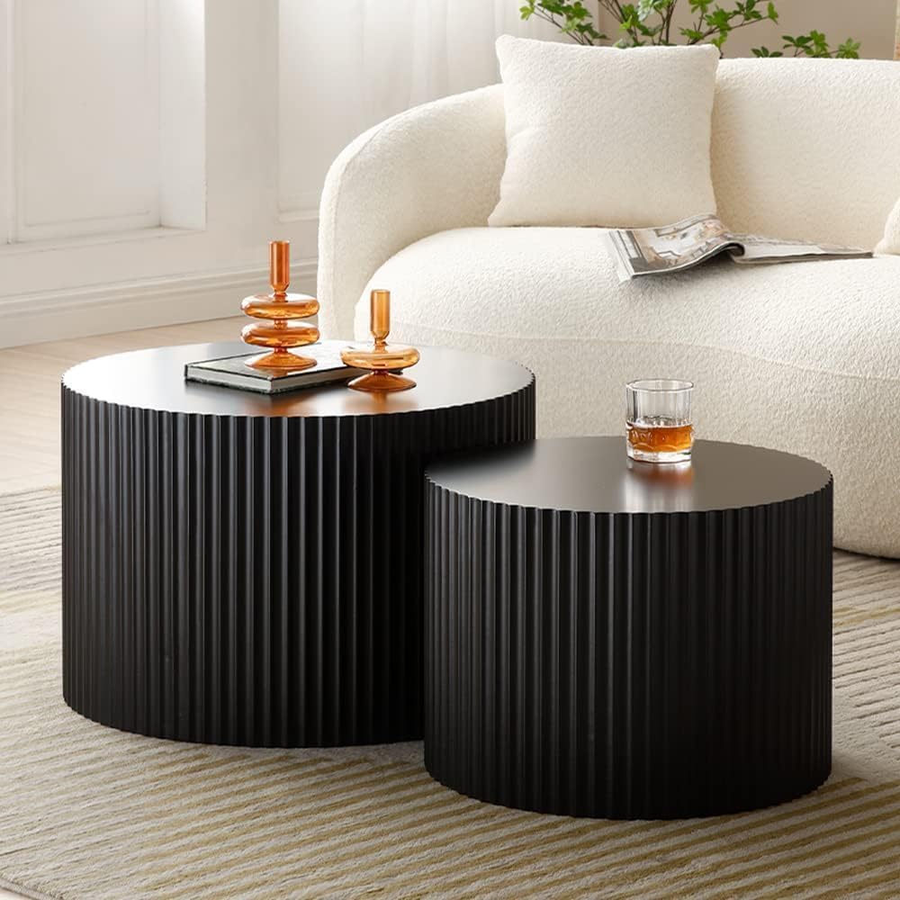 Nesting Coffee Tables Set of 2, 23.6' Round Coffee Tables for Living Room, Modern Fluted Tea Tables, Wooden Drum Accent Tables for Living Room, No Assembly Required - Black