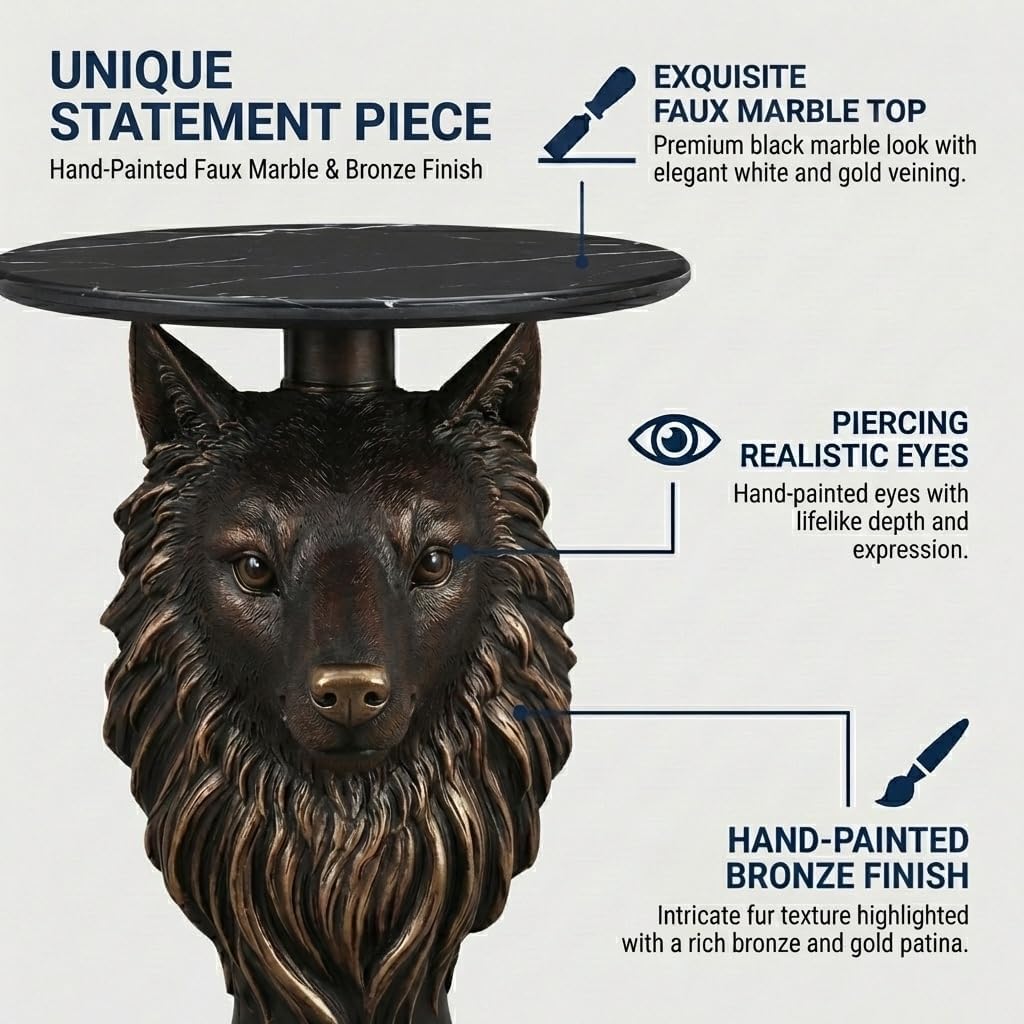 Wolf Head Sculptural Side Table with Faux Marble Top, 17.71' Round Resin Animal End Table, 25.2' H Unique Wolf Statue Decor for Living Room & Office, Gothic Housewarming Gift