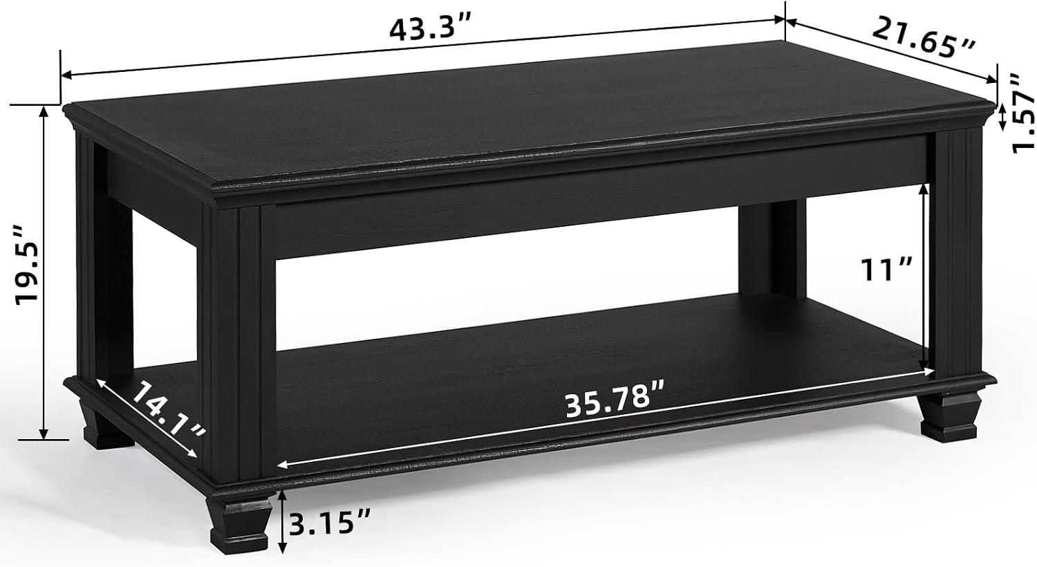 SAVOR LIFE Farmhouse Coffee Tables for Living Room,Square Tea Table with Open Storage Shelf,Large Coffee Table,Rustic Wooden Center Table,Black