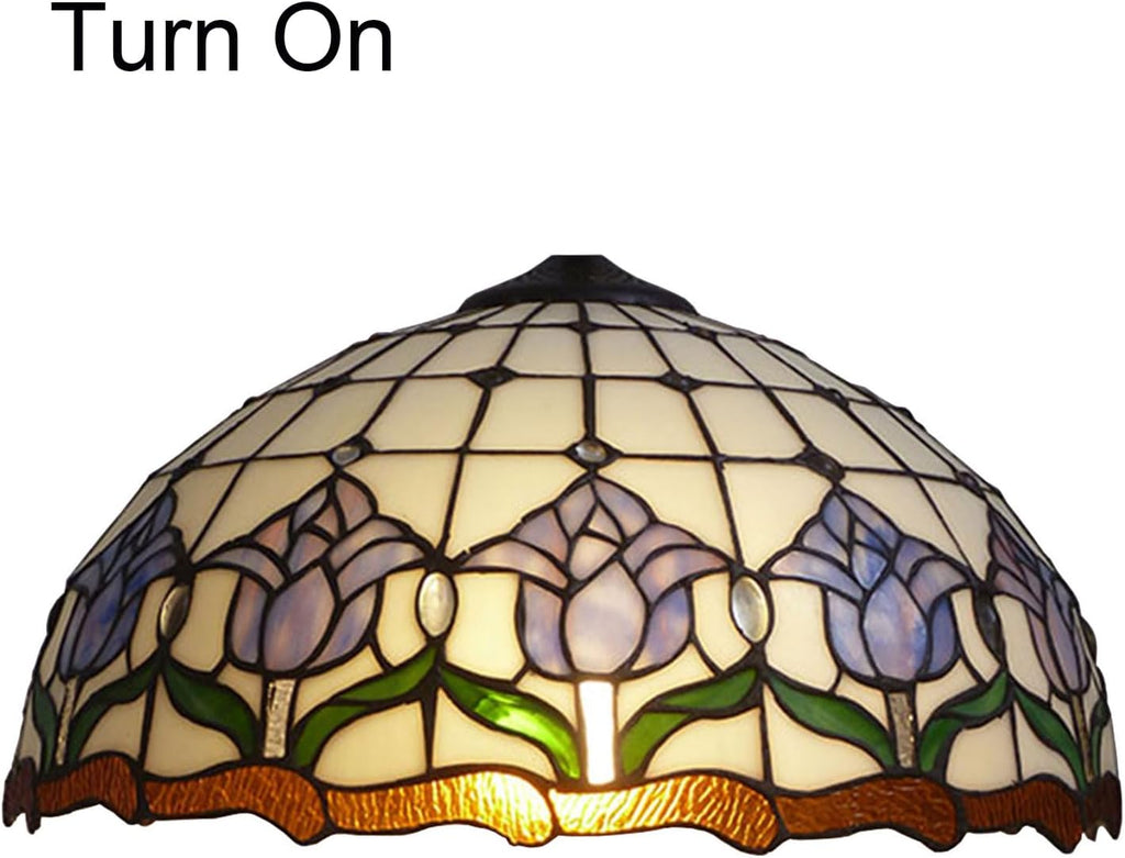 Tiffany Lamp Shade 16' Wide Accessories Replacement Only Blue Tulip Stained Glass Lampshades Vintage Flower Green Leaf Glass Beads Light Cover for Table Lamp Floor Lamp Pendant Light Ceiling