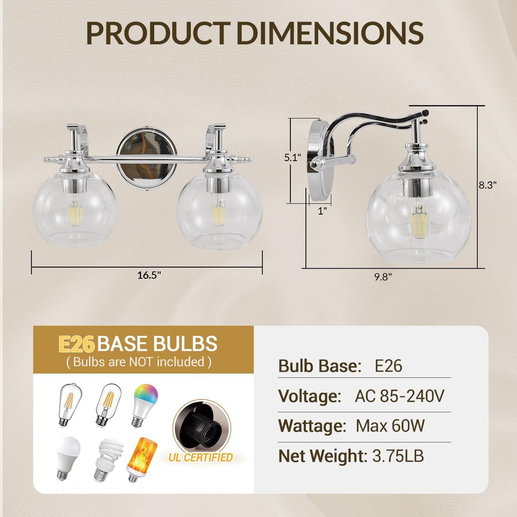 ANDY STAR Chrome Bathroom Light Fixture, 2-Light Modern Vanity Lights, Modern Wall Sconce with Clear Globe Glass Shades, Industrial Wall Lamp with Curved Arm for Bathroom, Powder Room, Over a Mirror
