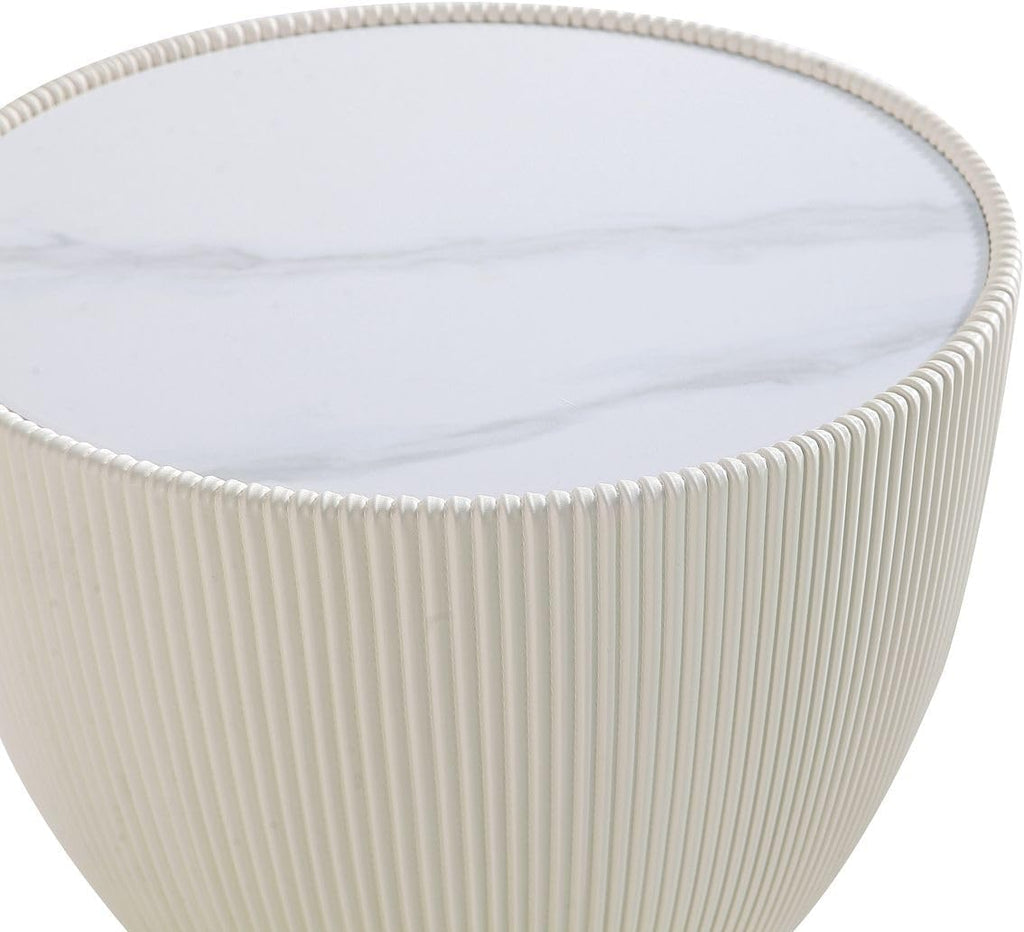 Manhattan Comfort Anderson Modern 18' Round End Table 2.0 | Ceramic Marble Tabletop, Elegant Pleated Leatherette Design & Gold Stainless Steel Base, Fully Assembled Accent Furniture, Set of 1, Cream