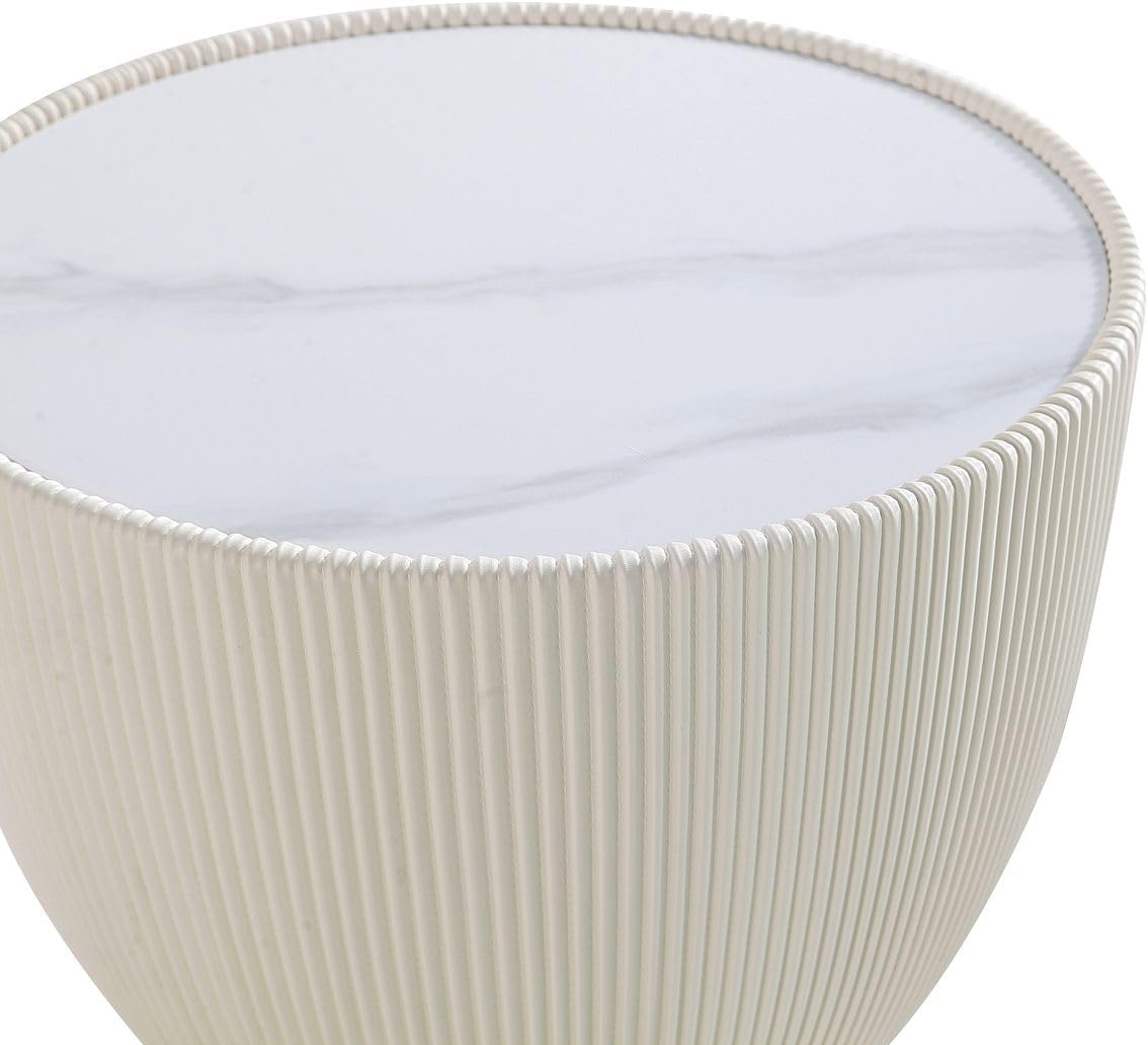 Manhattan Comfort Anderson Modern 18' Round End Table 2.0 | Ceramic Marble Tabletop, Elegant Pleated Leatherette Design & Gold Stainless Steel Base, Fully Assembled Accent Furniture, Set of 2, Cream
