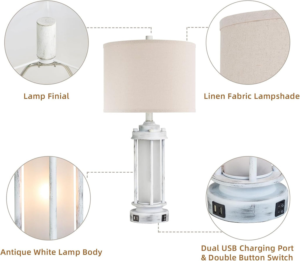 AIEAMPDO 25' Rustic Table Lamps Set of 2, Vintage Nightstand Lamps with 2 USB Ports, Farmhouse Antique White Desk Lamp with Glass Night Light for Living Room Bedroom Dorms, 4 Bulbs Included