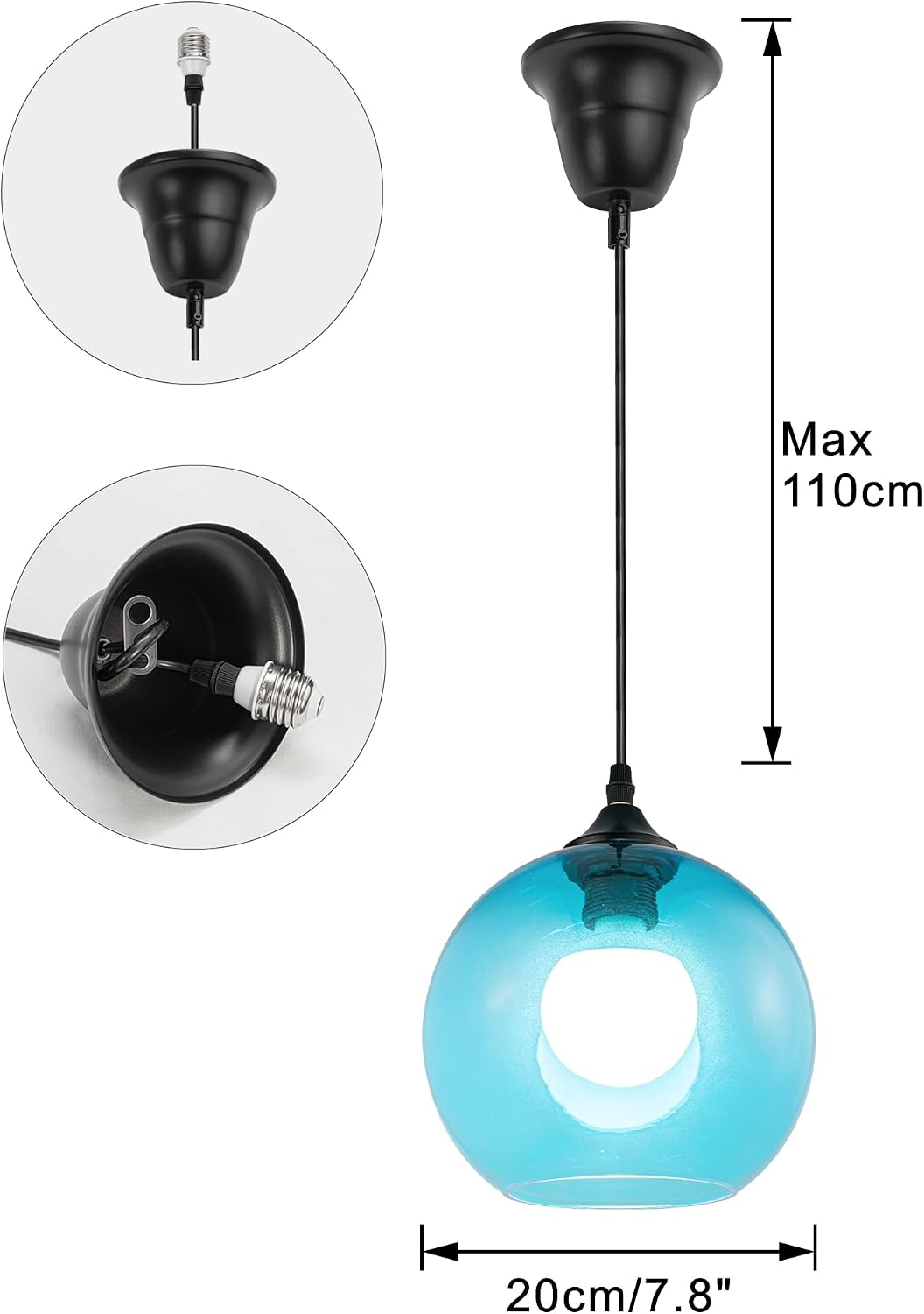 1 Light E26 Connections 3.2ft Adjusted Cord Blue Globe Glass Shade Modern Ceiling Light Replace Recessed Light Conversion Kit for Kitchen Farmhouse Loft