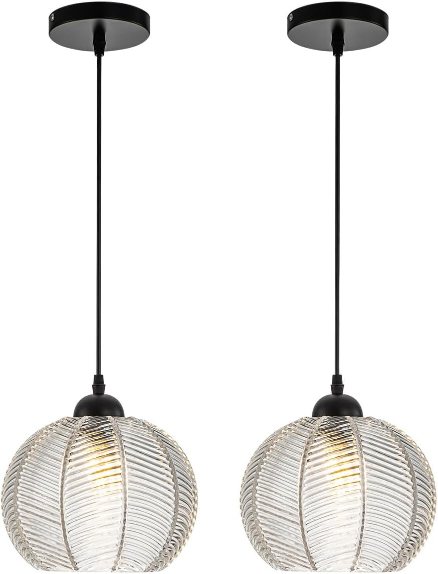 Globe Glass Pendant Light Ribbed Glass Mid Century Hanging Light for Kitchen Island Pumpkin Globe Design Adjustable Height Modern Pendant Lamp for Dining Room Bedroom Clear