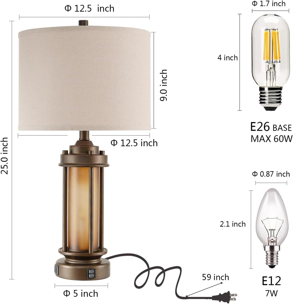 AIEAMPDO Set of 2 Farmhouse Table Lamps for Living Room, Rustic Vintage Bedside Lamps with 2 USB Ports, Bedroom Nightstand Lamp with Amber Glass Nightlight for End Table Entryway, 4 Bulbs Includes