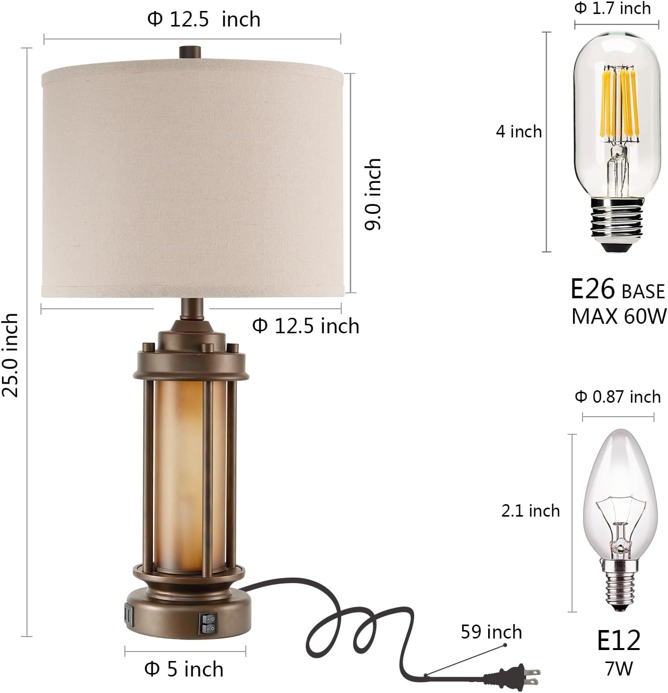 AIEAMPDO Set of 2 Farmhouse Table Lamps for Living Room, Rustic Vintage Bedside Lamps with 2 USB Ports, Bedroom Nightstand Lamp with Amber Glass Nightlight for End Table Entryway, 4 Bulbs Includes