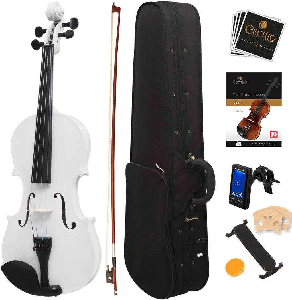 Mendini By Cecilio Violin 4/4 Full Size For Beginners - Fiddle Solidwood Kit with Hard Case - Acoustic Violins with Bow, Rosin, Tuner, Extra Strings & Bridge, Shoulder Rest and Lesson Book (White)