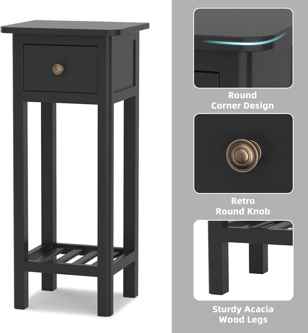 Giantex Tall End Table Set of 2, Narrow Side Table with Drawer and Shelf, Acacia Wood Nightstand for Living Room, 2-Tier Bedside Table for Small Space, No Assembly, Black