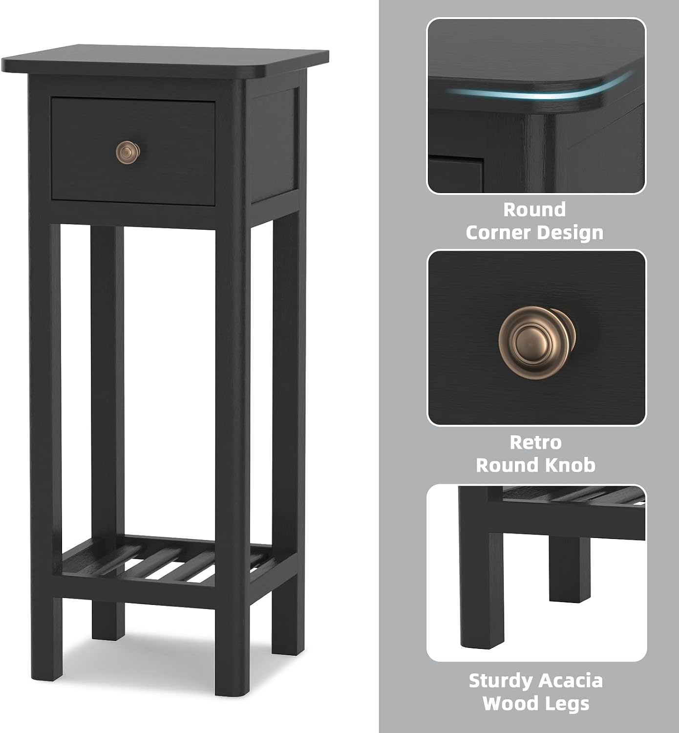 Giantex Tall End Table Set of 2, Narrow Side Table with Drawer and Shelf, Acacia Wood Nightstand for Living Room, 2-Tier Bedside Table for Small Space, No Assembly, Black