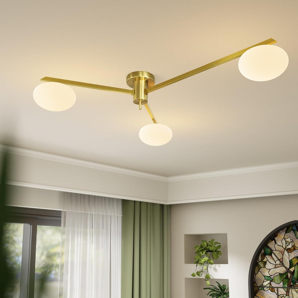 3-Light Gold Sputnik Ceiling Light Fixture,with Opal Glass Shade | low ceiling gold chandelier, dining room bedroom foyer, warm ambient lighting, easy DIY install, mid-century style