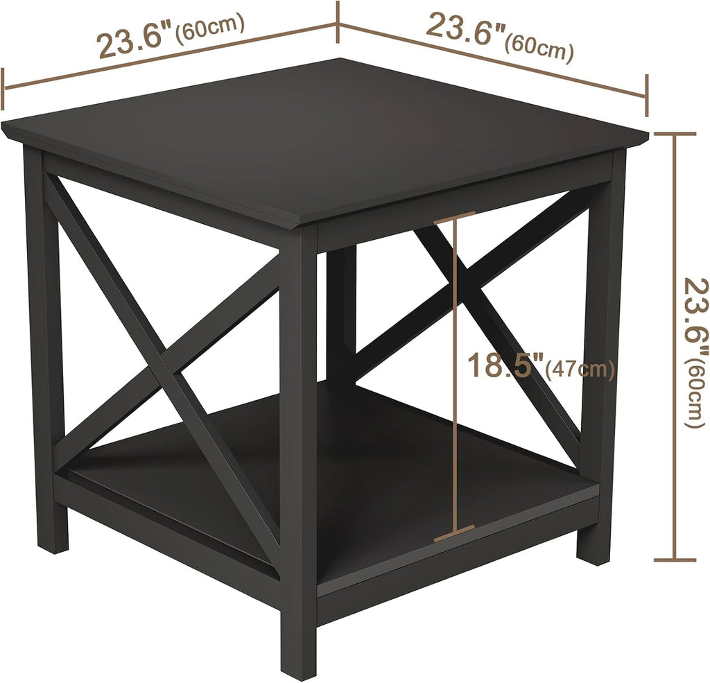 ChooChoo End Tables Set of 2, 24 Inch End Table with 2-Tier Storage Shelf, Side Table for Living Room, Wood Nightstand for Bedroom, Office, Painted Surface, Black
