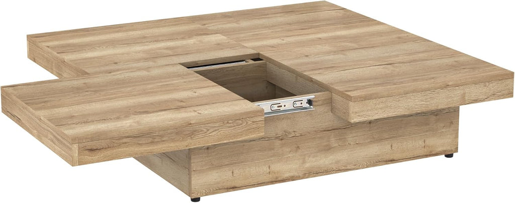 Merax Coffee Table, Modern Extendable Coffee Table with 4 Hidden Storage Compartments, Square Center Cocktail Table with Sliding Tabletop for Living Room, 39.4'x 39.4' (Natural)