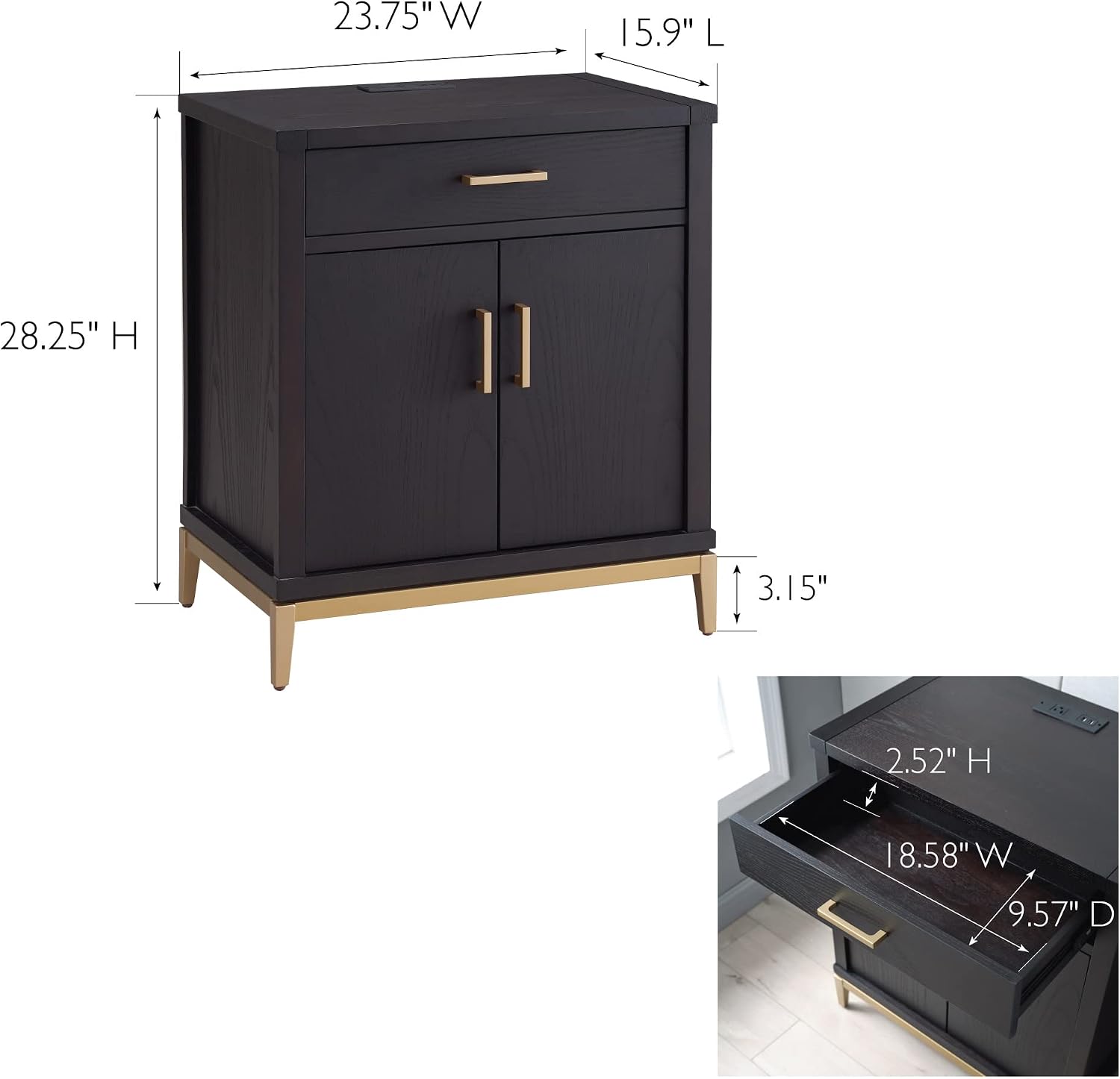 Leick Home Julien Nightstand Side Table One Drawer and Lower Cabinet Modern – Fast Charging Station – Durable Solid Wood – Living Room, Bedroom, Office, Black with Gold Trim, 9079–BLKGD