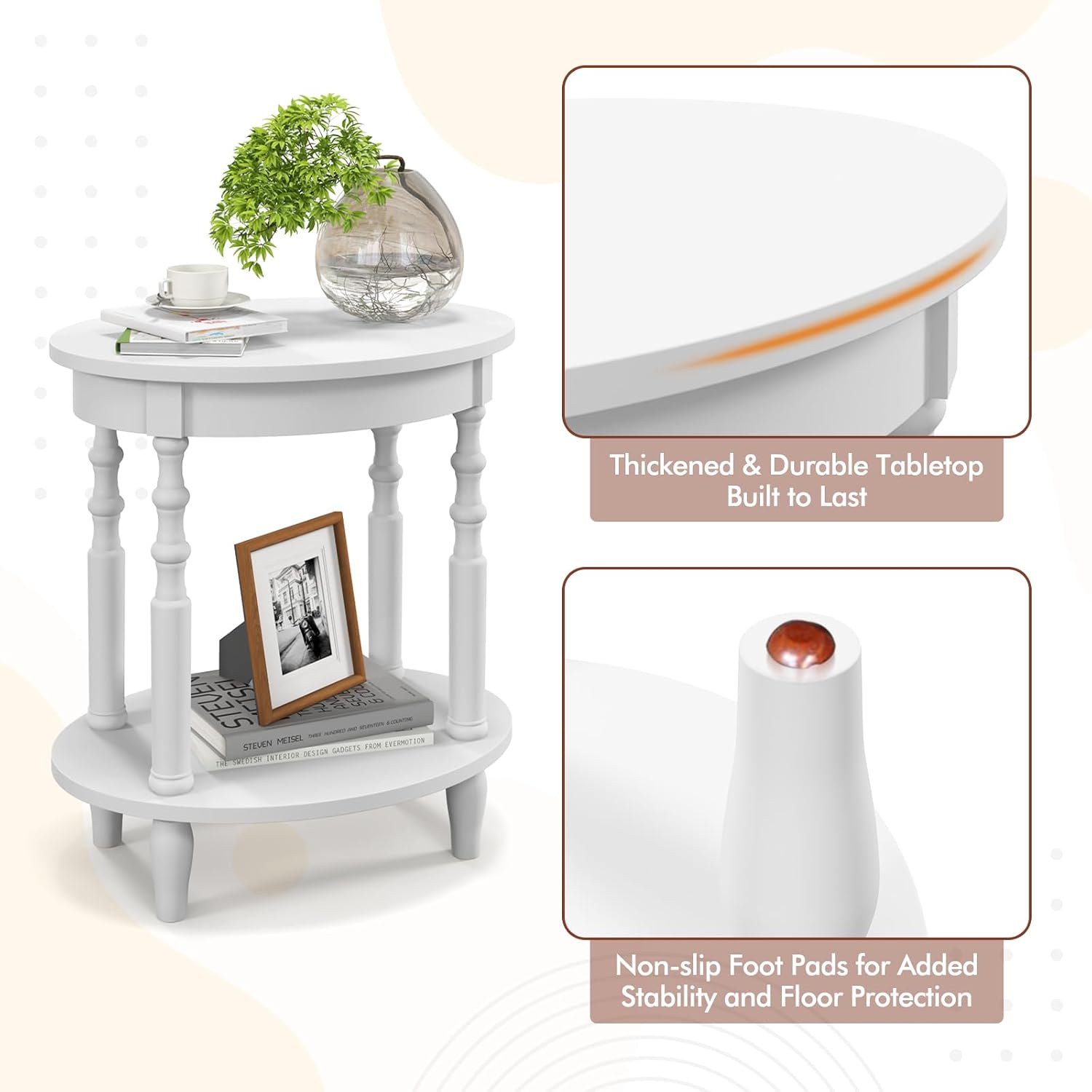 Giantex Oval End Tables Set of 2, 2-Tier Side Tables with Storage Shelf & Solid Wood Legs, Modern Living Room Accent Table, Wood Nightstand for Bedroom, Small Space, 20.5'L x 15.5'D x 24.5'H, White