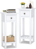 Giantex Tall End Table Set of 2, Narrow Side Table with Drawer and Shelf, Acacia Wood Nightstand for Living Room, 2-Tier Bedside Table for Small Space, No Assembly, White