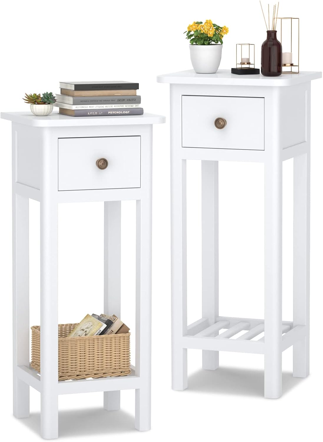 Giantex Tall End Table Set of 2, Narrow Side Table with Drawer and Shelf, Acacia Wood Nightstand for Living Room, 2-Tier Bedside Table for Small Space, No Assembly, White
