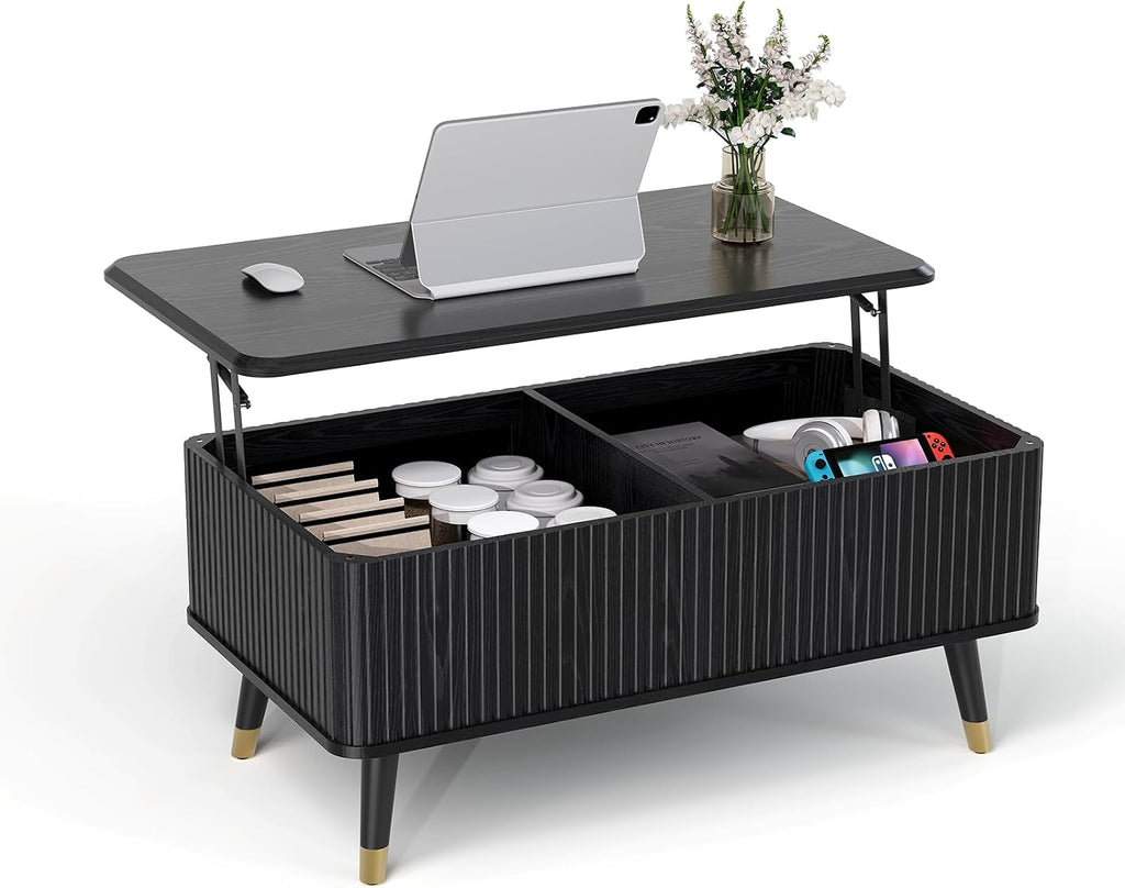 Lift Top Coffee Table with Storage, Modern Coffee Table with Solid Wood Legs, 38' Minimalist Fluted Center Table for Living Room, Home Office, Black