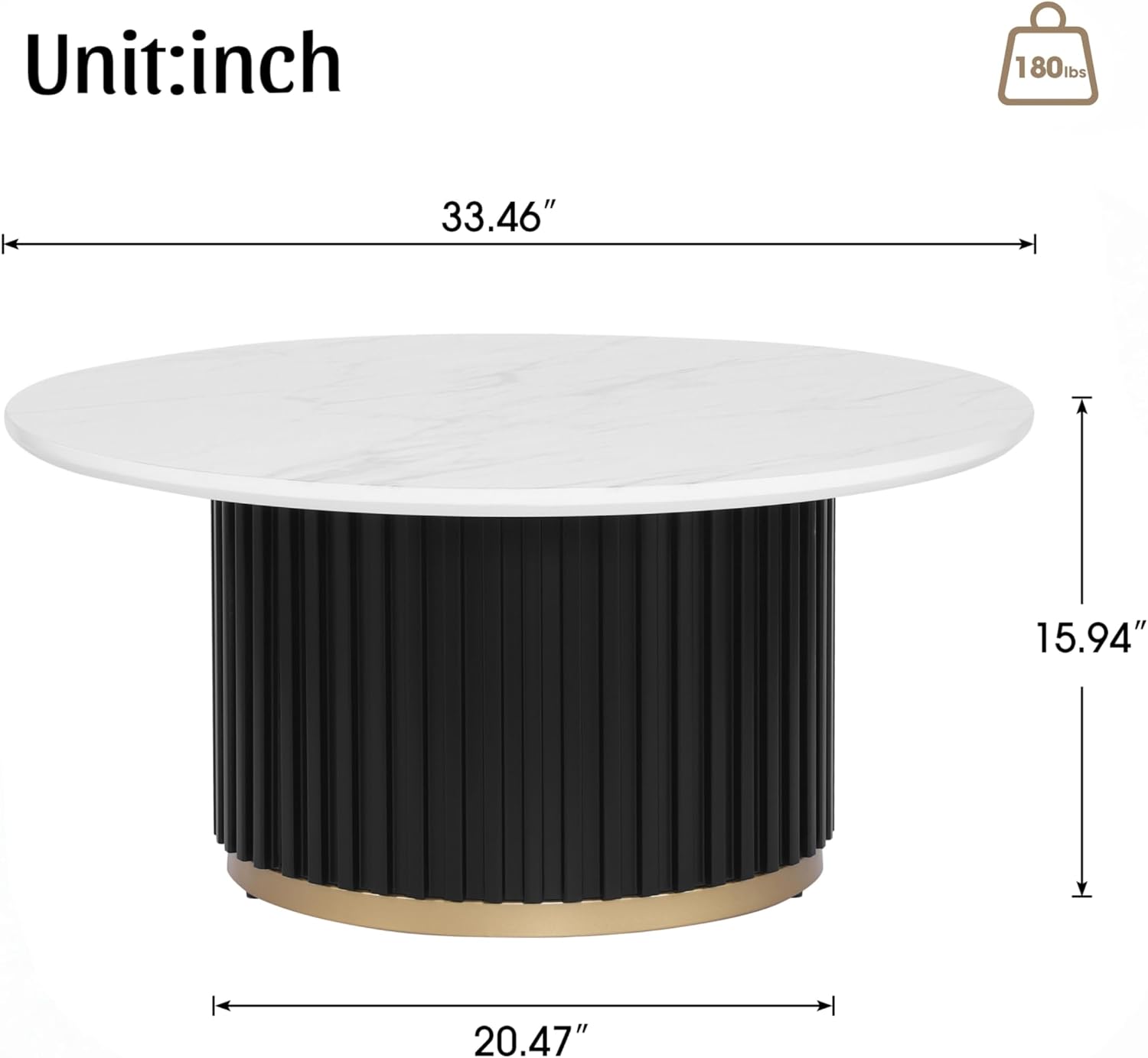 Modern Round Coffee Table with Fluted Pedestal Circle Coffee Table with Faux Marble Tabletop for Bedroom,Apartment,Living Room White