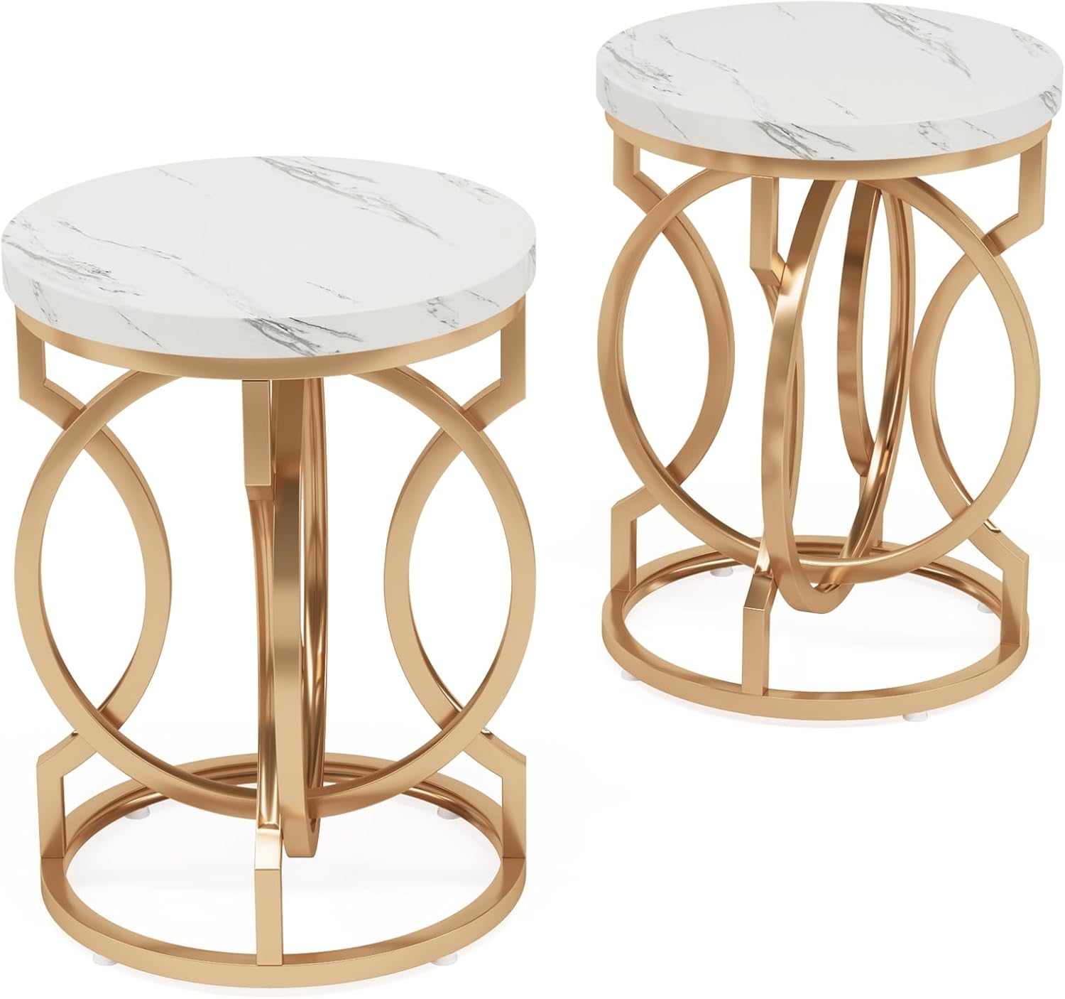 Tribesigns Modern Round End Table Set of 2, Multifunctional Accent Table Small Side Table for Living Room, White Gold with Faux Marble Top, 19.7'W x 19.7'D x 25.6'H