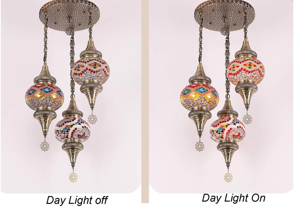 Turkish Mosaic 3 Globes Chandelier, Bohemian Moroccan Bronze Plating Red White Blue Green Shade Ceiling Hanging Lamp Kitchen Light for Bedroom, Cafe, Living Room, Entry,Red