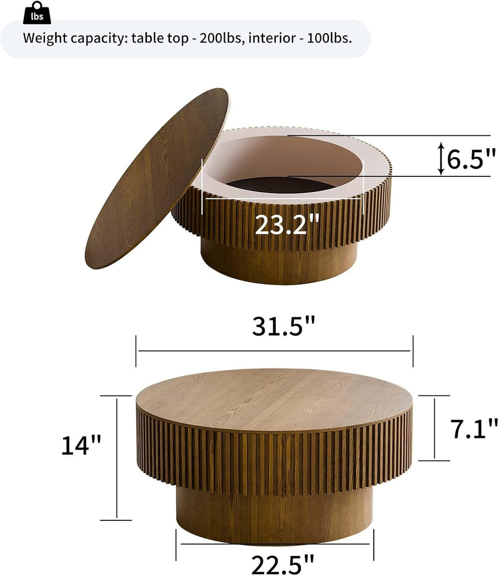 Round Coffee Table with Storage, Modern Wooden Coffee Table with Solid Wood Veneered, Circle Center Table Accent Tea Table for Living Room Apartment Small Space (31.5''L × 31.5''W × 14''H, Brown)