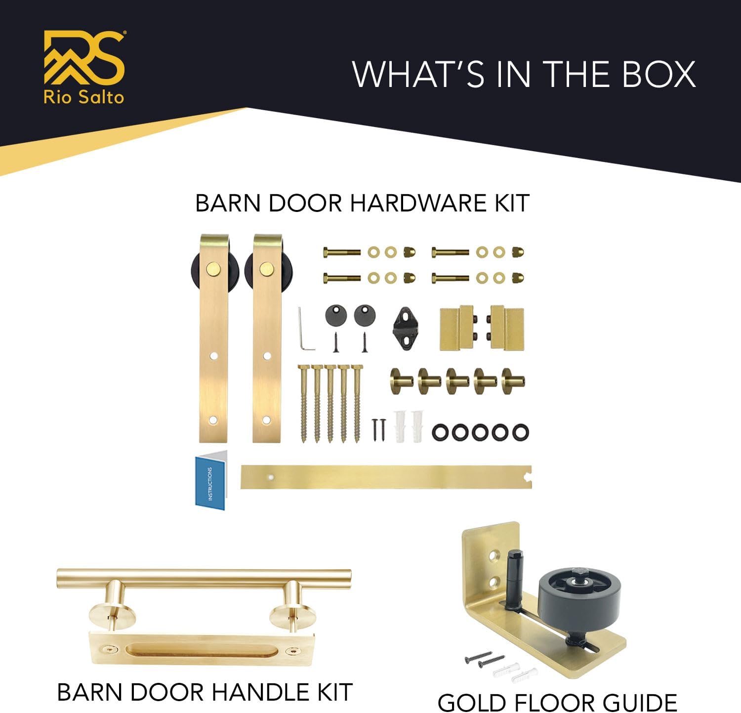 Rio Salto Gold Barn Door Hardware Kit Adjustable 72' Length Sliding Hardware 6FT Modern Barn Interior Gold Brushed Brass Panel Hardware - Hardware ONLY (Hardware Kit Plus, 6 Feet - Single Door)