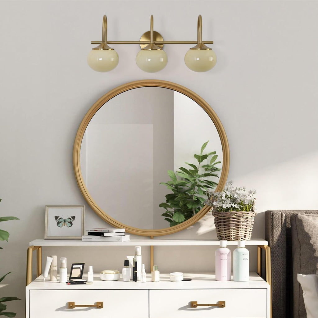 BOKT Modern 3-Light Bathroom Vanity Light Cream Yellow Glass Wall Sconces Vintage Vanity Lights Fixtures Over Mirror Gold Globe Bath Wall Sconce Bedroom Wall Mounted Sconces