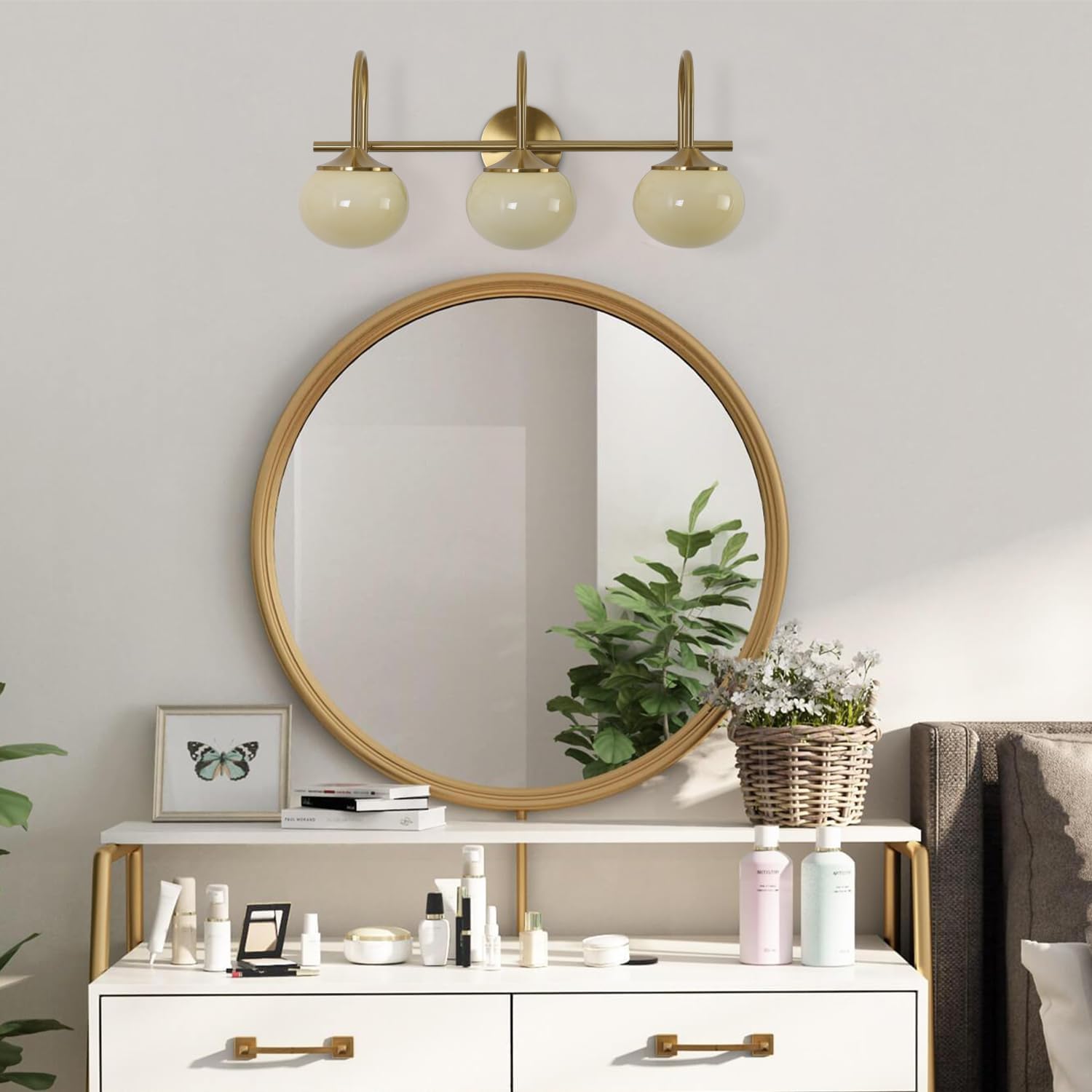 BOKT Modern 3-Light Bathroom Vanity Light Cream Yellow Glass Wall Sconces Vintage Vanity Lights Fixtures Over Mirror Gold Globe Bath Wall Sconce Bedroom Wall Mounted Sconces