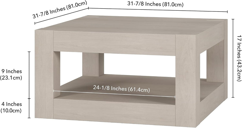 Henn&Hart 32' Wide Square Coffee Table in Beech White, for Home, Living Room, Bedroom, Entertainment Room, Office