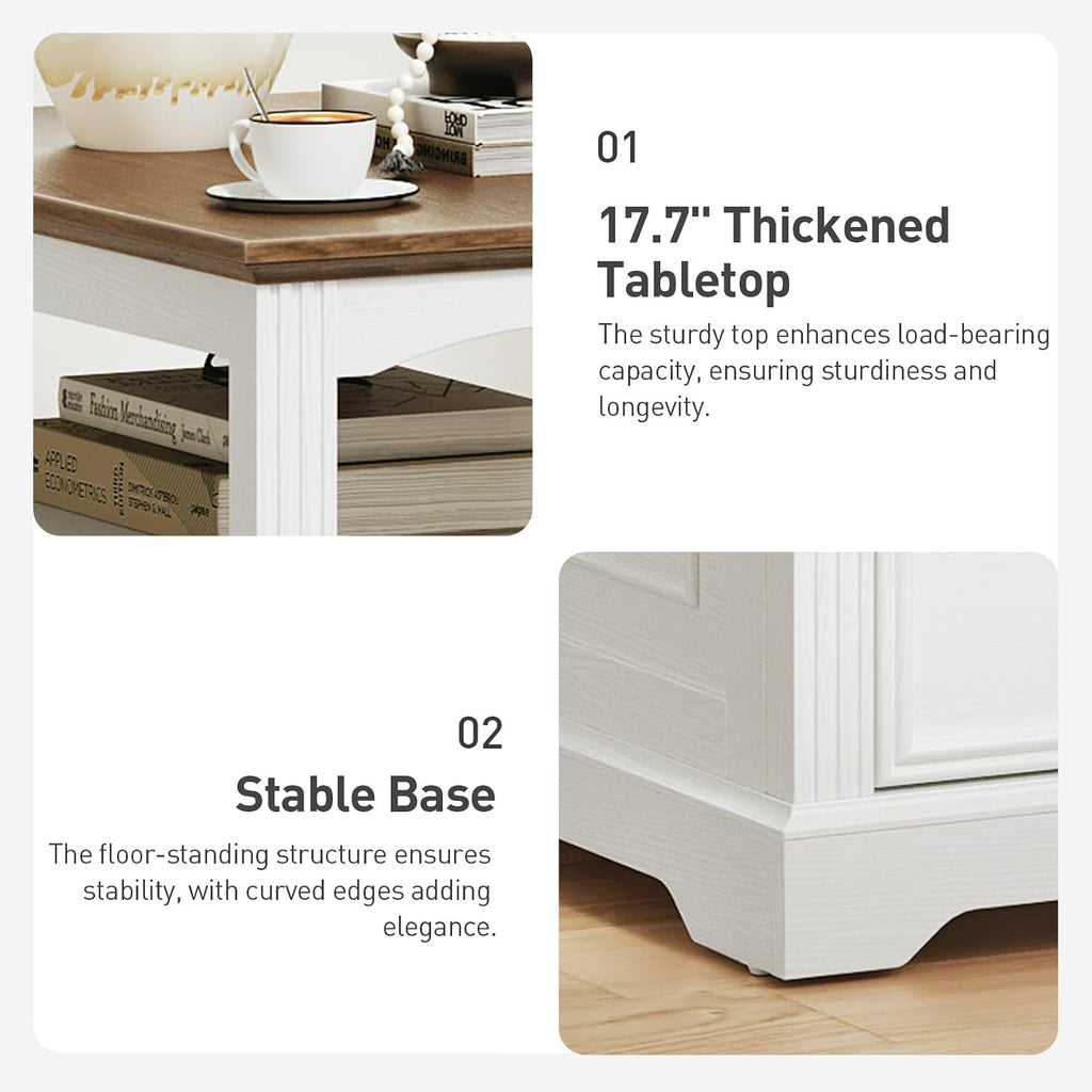 RALGEND Farmhouse End Table Set of 2, Narrow Sofa Side Table with 2 Drawers and Open Shelf, Wooden Nightstand with Storage for Small Spaces, Bedroom, Living Room, White and Walnut
