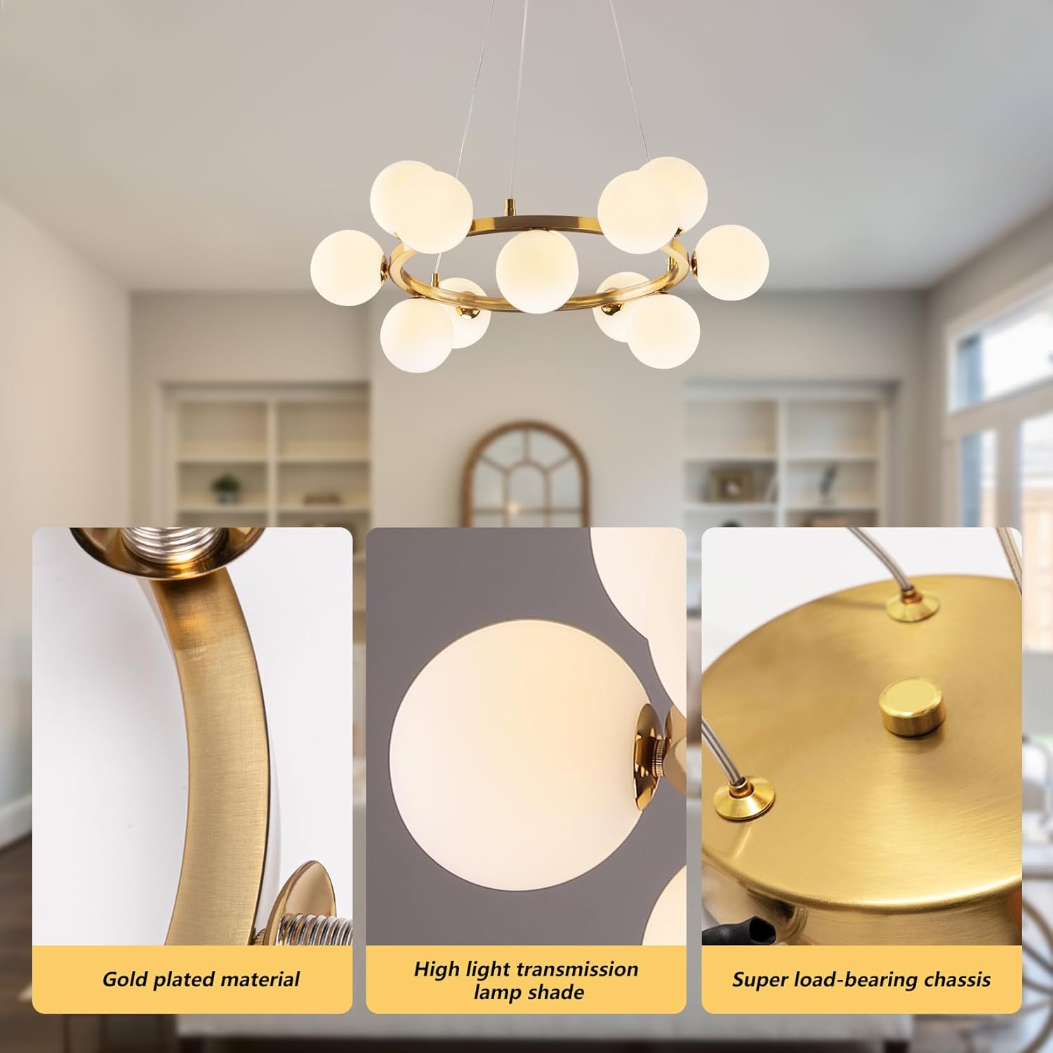Modern Sputnik Chandelier Light Fixture, 12-Light Gold Bubble Glass Chandeliers for Dining Room, Mid Century White Globe Pendant Lighting for Kitchen Island, Bedroom, Foyer,Living Room,23.6IN