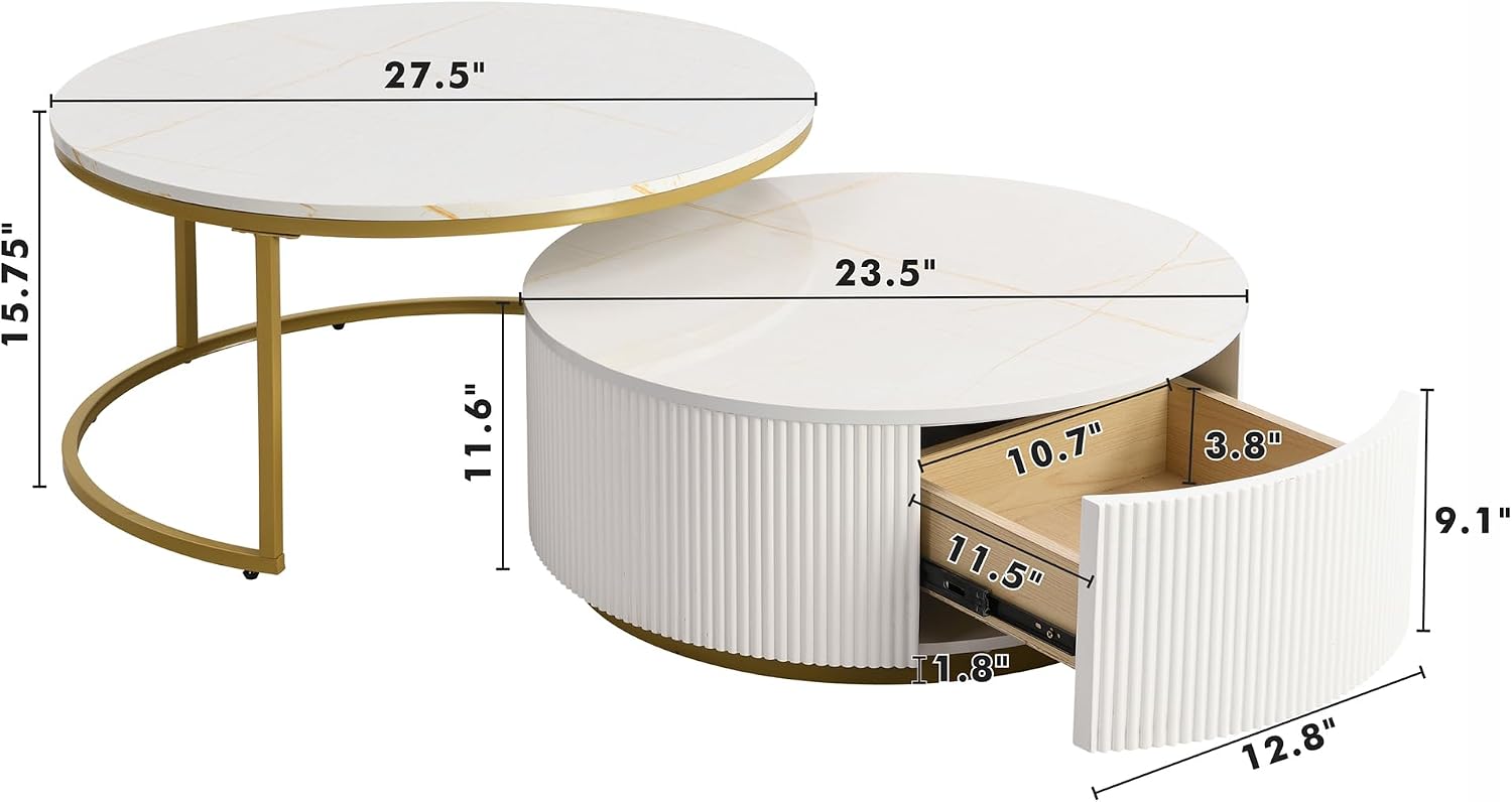 Merax 27.6' Modern Round Nesting Coffee Table Fluted with Drawer for Home Living Room, White & Gold