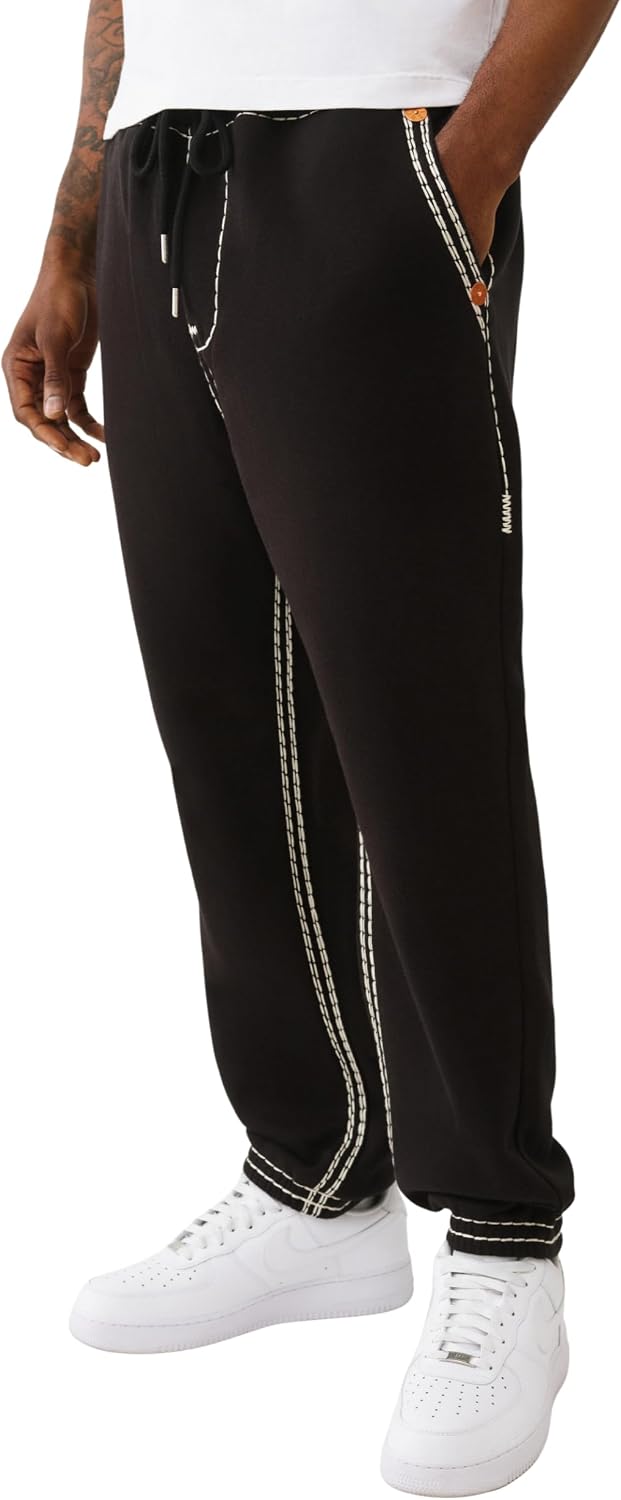 True Religion Super QT Men's Jogger | Relaxed Fit Sweatpants with Fleece Lining, Super T Stitching